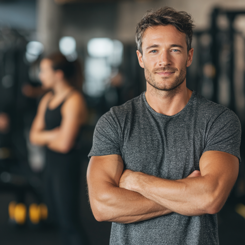 Athletic man showing physical transformation and mental confidence in training environment