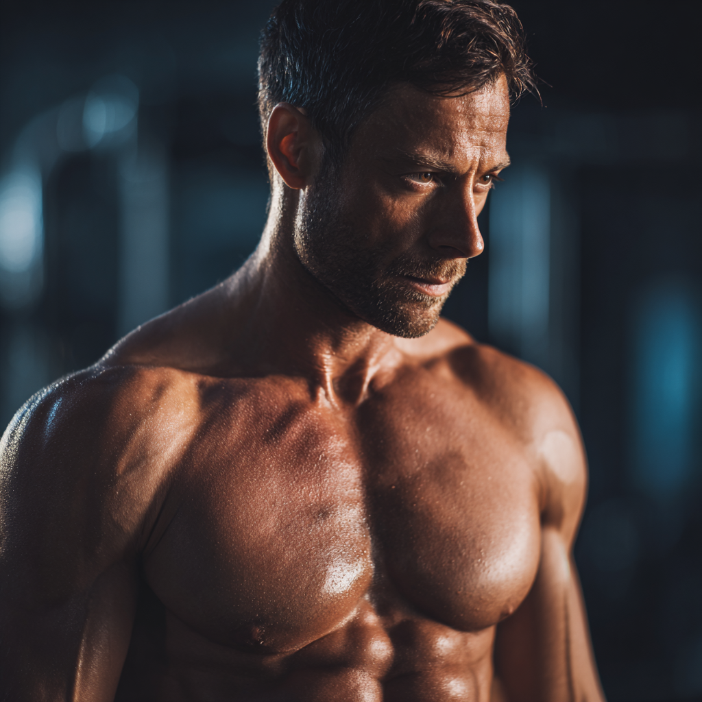 Confident muscular man in gym setting doing strength training with determination